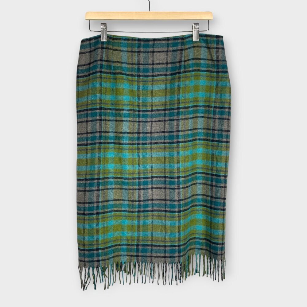 J Jill Wool Blend Skirt 12 Blue Green Tartan Office Casual NEW - Picture 3 of 10